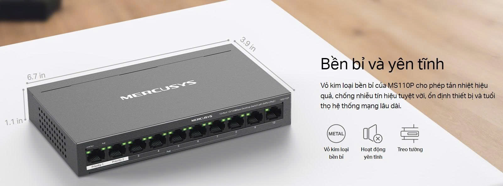 Switch Mercusys MS110P: Bộ Chia Mạng PoE 8 Cổng 2 POE MERCUSYS MS110P 1